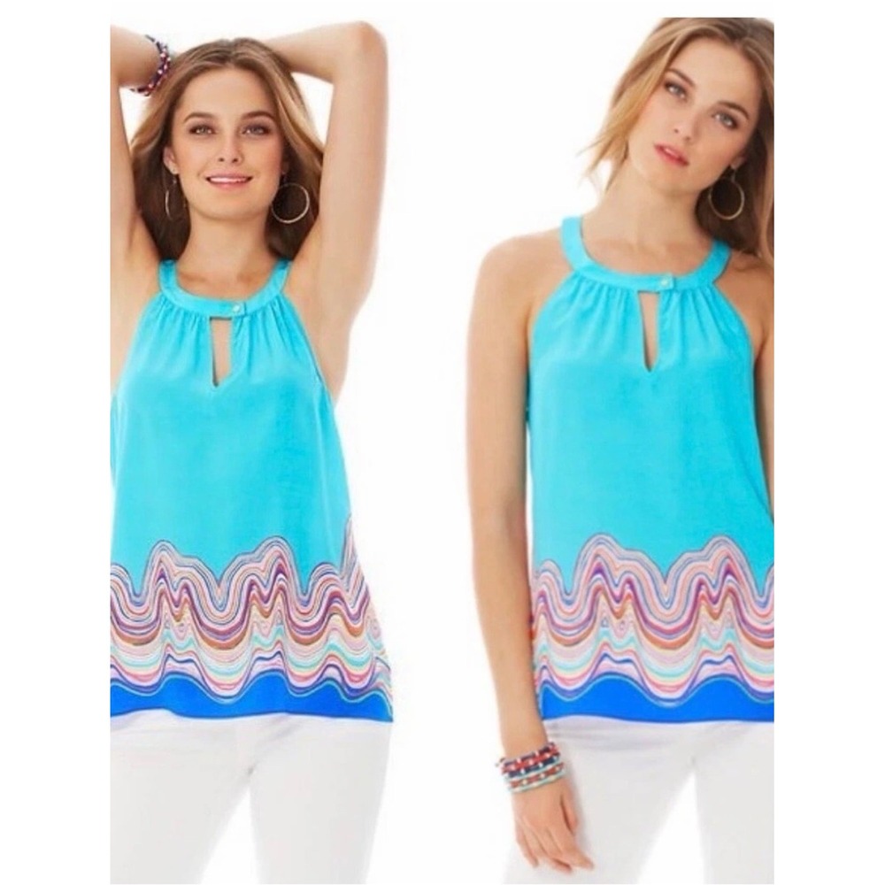 Lilly Pulitzer 100% Silk Rohan Tank Top Aqua Blue Multicolor Wave Print - Sz S